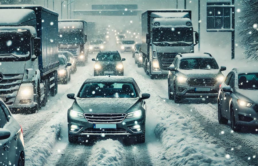 auto sulla neve nel traffico